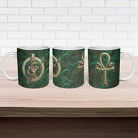 Sobek Crocodile Warrior Ceramic Mug with Ankh Ancient Egyptian Motif in Emerald