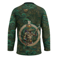 Sobek Crocodile Warrior Hockey Jersey with Ankh Ancient Egyptian Motif in Emerald