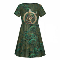 Sobek Crocodile Warrior Kid Short Sleeve Dress with Ankh Ancient Egyptian Motif in Emerald