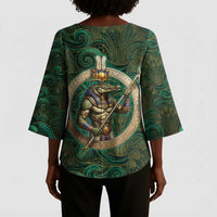 Sobek Crocodile Warrior Kimono Sleeve Blouse with Ankh Ancient Egyptian Motif in Emerald