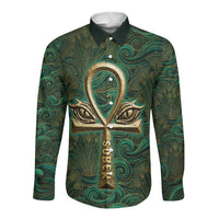 Sobek Crocodile Warrior Long Sleeve Button Shirt with Ankh Ancient Egyptian Motif in Emerald