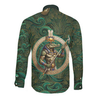 Sobek Crocodile Warrior Long Sleeve Button Shirt with Ankh Ancient Egyptian Motif in Emerald