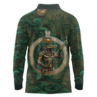 Sobek Crocodile Warrior Long Sleeve Polo Shirt with Ankh Ancient Egyptian Motif in Emerald