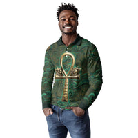 Sobek Crocodile Warrior Long Sleeve Polo Shirt with Ankh Ancient Egyptian Motif in Emerald
