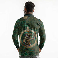 Sobek Crocodile Warrior Long Sleeve Polo Shirt with Ankh Ancient Egyptian Motif in Emerald