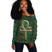 Sobek Crocodile Warrior Off Shoulder Sweater with Ankh Ancient Egyptian Motif in Emerald