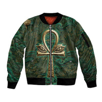 Sobek Crocodile Warrior Sleeve Zip Bomber Jacket with Ankh Ancient Egyptian Motif in Emerald