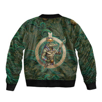 Sobek Crocodile Warrior Sleeve Zip Bomber Jacket with Ankh Ancient Egyptian Motif in Emerald