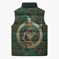 Sobek Crocodile Warrior Sleeveless Puffer Jacket with Ankh Ancient Egyptian Motif in Emerald