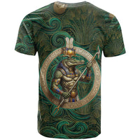 Sobek Crocodile Warrior T shirt with Ankh Ancient Egyptian Motif in Emerald