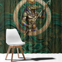 Sobek Crocodile Warrior Window Curtain with Ankh Ancient Egyptian Motif in Emerald