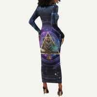 Thoth Ancient Egyptian Cosmic Long Sleeve Bodycon Dress with Sacred Eye and Baboon Symbol Theme