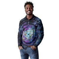 Thoth Ancient Egyptian Cosmic Long Sleeve Polo Shirt with Sacred Eye and Baboon Symbol Theme