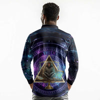 Thoth Ancient Egyptian Cosmic Long Sleeve Polo Shirt with Sacred Eye and Baboon Symbol Theme