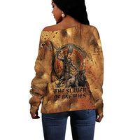 Onuris Off Shoulder Sweater Egyptian War God Slayer of Enemies Spear Lion Ancient Battle