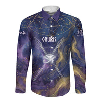 Onuris Long Sleeve Button Shirt Cosmic Warrior Egyptian God Eye of Horus Spears Starry Night
