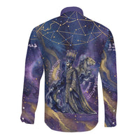 Onuris Long Sleeve Button Shirt Cosmic Warrior Egyptian God Eye of Horus Spears Starry Night