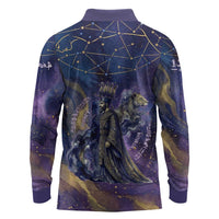 Onuris Long Sleeve Polo Shirt Cosmic Warrior Egyptian God Eye of Horus Spears Starry Night