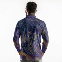 Onuris Long Sleeve Polo Shirt Cosmic Warrior Egyptian God Eye of Horus Spears Starry Night