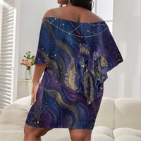 Onuris Off Shoulder Short Dress Cosmic Warrior Egyptian God Eye of Horus Spears Starry Night