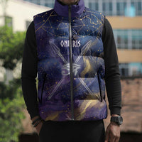 Onuris Sleeveless Puffer Jacket Cosmic Warrior Egyptian God Eye of Horus Spears Starry Night
