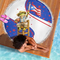 Puerto Rico Coquí Frog Football Fan Beach Blanket Whimsical Cartoon Style with Patriotic Elements