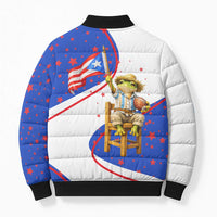 Puerto Rico Coquí Frog Football Fan Bomber Puffer Jacket Whimsical Cartoon Style with Patriotic Elements