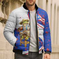 Puerto Rico Coquí Frog Football Fan Bomber Puffer Jacket Whimsical Cartoon Style with Patriotic Elements