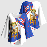 Puerto Rico Coquí Frog Football Fan Kimono Sleeve Blouse Whimsical Cartoon Style with Patriotic Elements