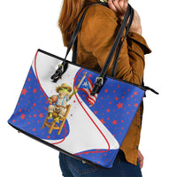 Puerto Rico Coquí Frog Football Fan Leather Tote Bag Whimsical Cartoon Style with Patriotic Elements