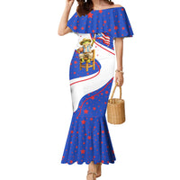 Puerto Rico Coquí Frog Football Fan Mermaid Dress Whimsical Cartoon Style with Patriotic Elements