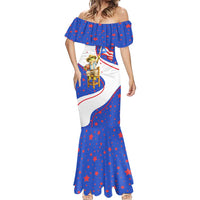 Puerto Rico Coquí Frog Football Fan Mermaid Dress Whimsical Cartoon Style with Patriotic Elements