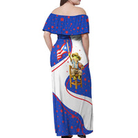 Puerto Rico Coquí Frog Football Fan Off Shoulder Maxi Dress Whimsical Cartoon Style with Patriotic Elements
