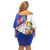 Puerto Rico Coquí Frog Football Fan Off Shoulder Short Dress Whimsical Cartoon Style with Patriotic Elements