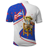 Puerto Rico Coquí Frog Football Fan Polo Shirt Whimsical Cartoon Style with Patriotic Elements