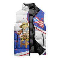 Puerto Rico Coquí Frog Football Fan Sleeveless Puffer Jacket Whimsical Cartoon Style with Patriotic Elements