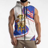 Puerto Rico Coquí Frog Football Fan Sleeveless Zip Hoodie Whimsical Cartoon Style with Patriotic Elements