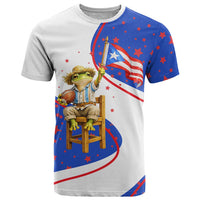 Puerto Rico Coquí Frog Football Fan T Shirt Whimsical Cartoon Style with Patriotic Elements
