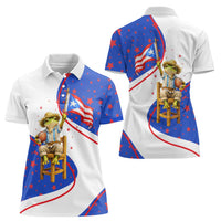 Puerto Rico Coquí Frog Football Fan Women Polo Shirt Whimsical Cartoon Style with Patriotic Elements