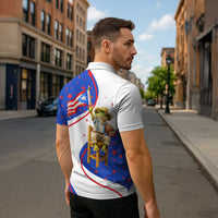 Puerto Rico Coquí Frog Football Fan Zipper Polo Shirt Whimsical Cartoon Style with Patriotic Elements