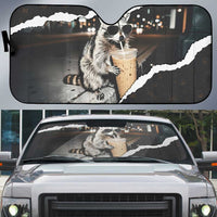 Cool Raccoon Drinking Iced Coffee Auto Sun Shade Funny Animal Meme Urban Night Photography