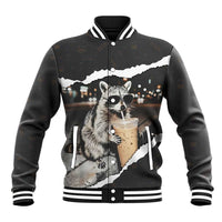 Cool Raccoon Drinking Iced Coffee Baseball Jacket Funny Animal Meme Urban Night Photography