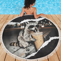 Cool Raccoon Drinking Iced Coffee Beach Blanket Funny Animal Meme Urban Night Photography
