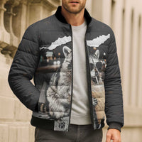 Cool Raccoon Drinking Iced Coffee Bomber Puffer Jacket Funny Animal Meme Urban Night Photography