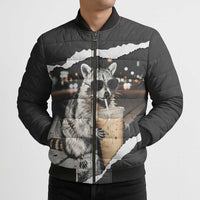 Cool Raccoon Drinking Iced Coffee Bomber Puffer Jacket Funny Animal Meme Urban Night Photography
