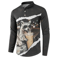 Cool Raccoon Drinking Iced Coffee Button Sweatshirt Funny Animal Meme Urban Night Photography