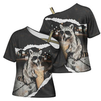 Cool Raccoon Drinking Iced Coffee Cross Shoulder Shirt Funny Animal Meme Urban Night Photography