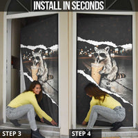 Cool Raccoon Drinking Iced Coffee Door Cover Funny Animal Meme Urban Night Photography