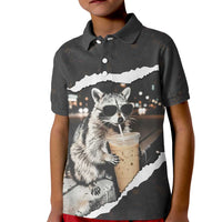 Cool Raccoon Drinking Iced Coffee Kid Polo Shirt Funny Animal Meme Urban Night Photography
