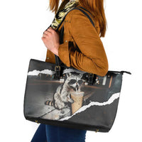 Cool Raccoon Drinking Iced Coffee Leather Tote Bag Funny Animal Meme Urban Night Photography